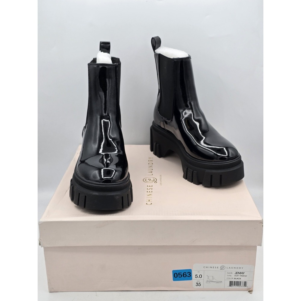 CHINESE LAUNDRY Jenny Black Patent Synthetic Upper Pull On Ankle Boots Womens 5M